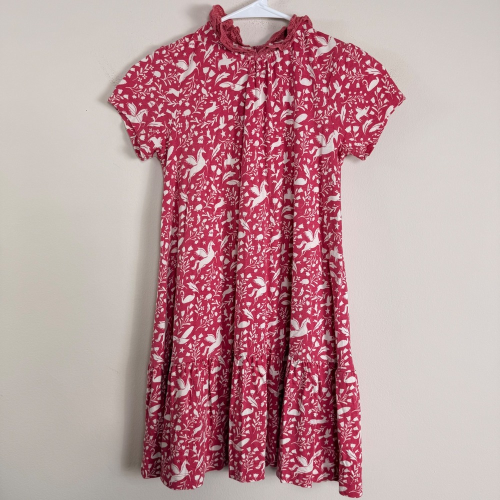 Mini Boden Girls Pink Unicorn Woodland Tiered Jersey Dress 9-10Y G0673